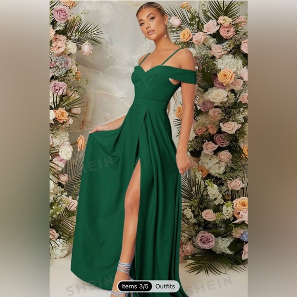 Green Off-the-Shoulder Bridesmaid Dress - Picture 5 of 6